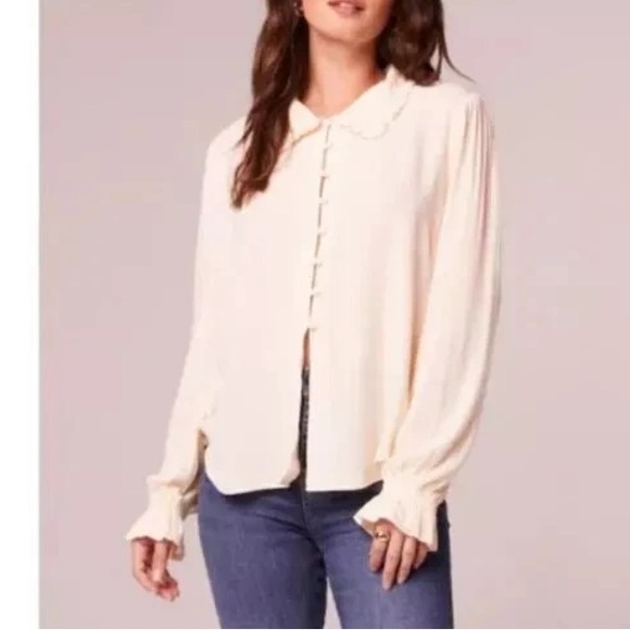 Band of The Free Denise Cream Ruffle Collar Top Button Up Smocked Cuffed Sleeves - Picture 2 of 11